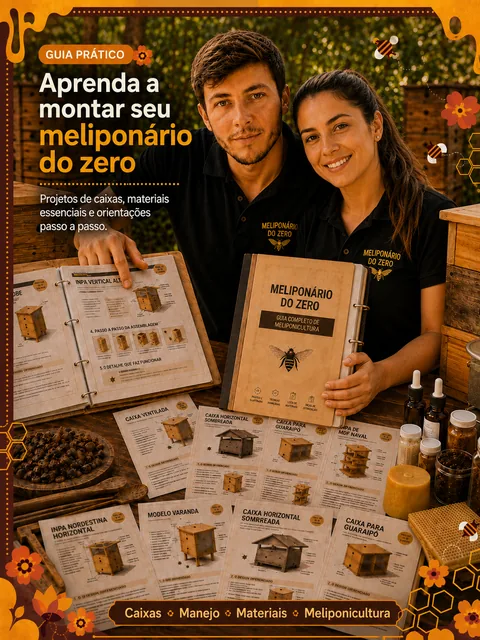 Guia Meliponário do Zero aberto sobre a mesa, mostrando as fichas de projeto